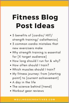 a poster with the words fitness blog post ideas