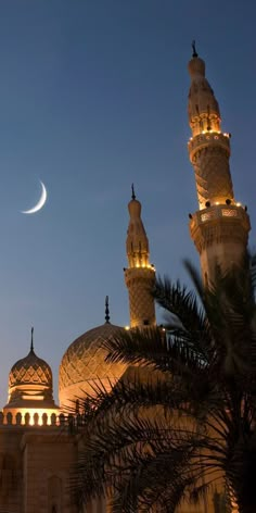 the moon is seen over an ornate building with domes and minalis at night time