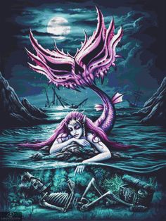 a cross stitch pattern with a mermaid and skeleton in the water, on a dark blue background