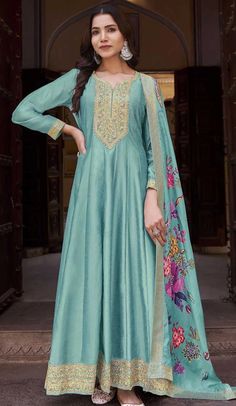 Vichitra Silk Embroidery Work Anarkali Style Salwar Suit In Sky Blue - 145579461 Wedding Ootd, Patiyala Dress, Blue Dupatta, Twitter Artist, Designer Anarkali