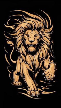 a lion with long manes running through the air on a black background, it's head turned to the side