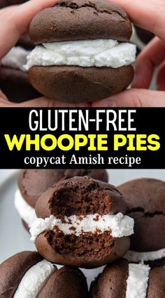 chocolate whoopie pies with whipped cream in the middle are stacked on top of each other