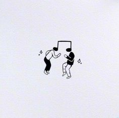 two people are dancing with musical notes on the wall behind them, and one person is holding a cell phone