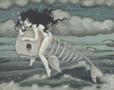 a painting of a mermaid holding a skeleton in the ocean with dark clouds behind her