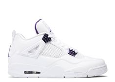 the nike air jordan iv is white with purple accents on the upper and bottom part