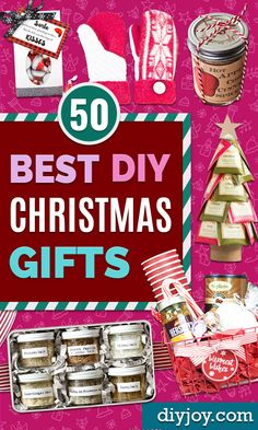 the top 50 best diy christmas gifts on display in front of a red background