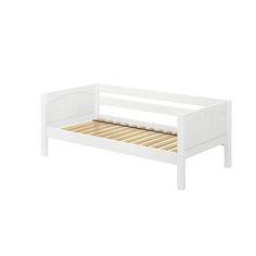 a white bed frame with wooden slats on the bottom and bottom, against a white background