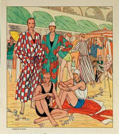 an illustration of men in bathing suits standing and sitting on the beach while others look on