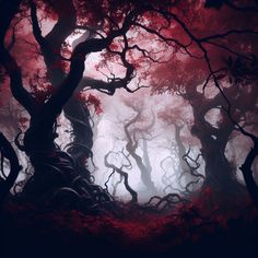 A dark forest with twisted trees and blood-red leaves in a digital art style Twisted Tree Art, Blood Forest Aesthetic, Dark Fantasy Forest Art, Forest Princess Aesthetic, Corrupted Forest, Dark Forest Landscape, Dark Fantasy Forest, Twisted Forest, Evil Forest