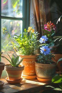 several potted plants sit on a window sill in front of a sunny window