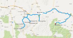 a map showing the route to yellowstone falls and glacier lake, with blue arrows pointing in different directions