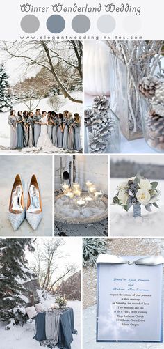 winter wonderland wedding with blue and white theme, snow covered trees, bridesmaids in gray dresses