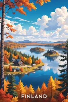 a painting of a lake surrounded by trees and clouds in the background with text that reads finland