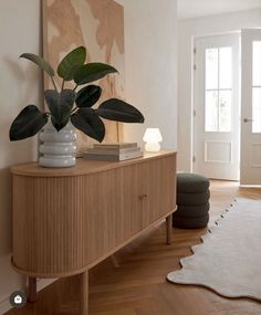 a living room with a plant on top of a wooden cabinet next to a rug