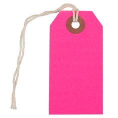 a pink tag hanging from a string on a white background with a brown circle in the middle