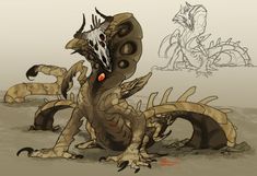 a drawing of a dragon sitting on the ground in front of two smaller monsters behind it