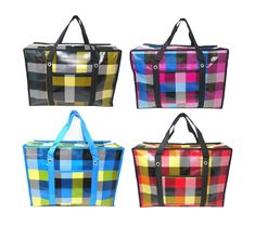 four different colored plaid bags with handles