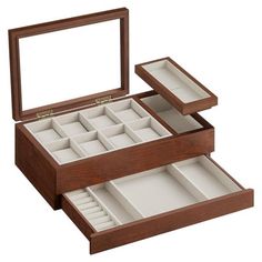 two wooden jewelry boxes with compartments and dividers on each side, one open to show the contents