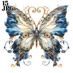 a blue and white butterfly with gold accents on it's wings is featured against a white background