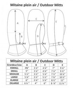 an image of the mitaine plain air / outdoor mitts size guide and measurements