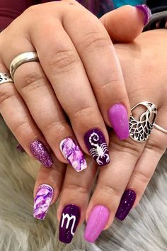 Scorpio Nails November Birthday Nail Ideas, Taurus Nails Ideas, Birthday Manicure Ideas, Scorpio Nail Designs, Scorpion Nails Designs, Birthday Nail Set Ideas Scorpio, Scorpio Acrylic Nails, Nails Birthday Design Ideas, Scorpio Zodiac Nails