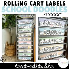 the rolling cart labels for school doodles are on display in front of a potted plant