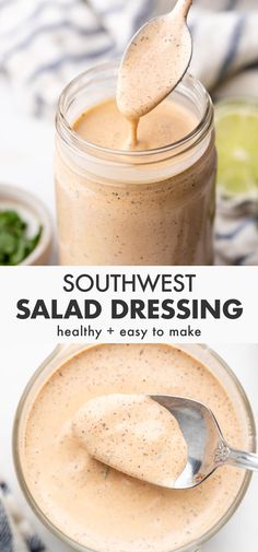 a spoon full of salad dressing in a jar with the title above it and below