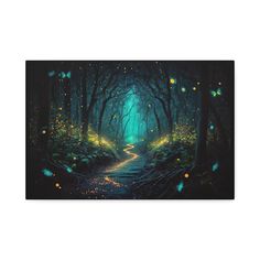 a painting of a path in the middle of a forest with fireflies on it