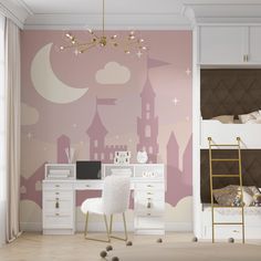 a child's bedroom decorated in pink and white with a castle mural on the wall