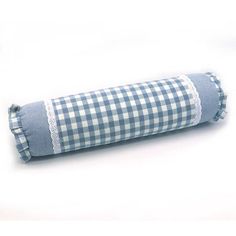 a blue and white checkered roll with lace trim