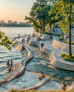 many people are swimming in the water near some steps and benches that lead to trees