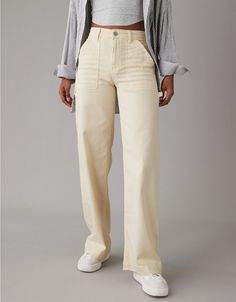 AE Dreamy Drape Woven Super High-Waisted Baggy Wide-Leg Pant Cream Jeans, Cream Pants, White Linen Pants, Jeans American Eagle, American Eagle Jeans, American Eagle Outfitters Jeans, Pants Outfit, Colored Jeans, Wide Leg Jeans