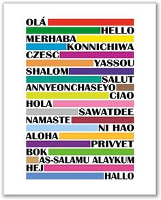 a poster with the names of different languages in various colors and sizes, including one for each