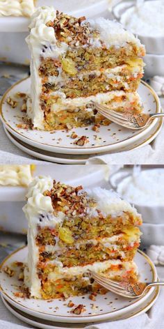 two pictures of a slice of carrot cake with cream cheese frosting and nuts on top