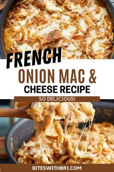 french onion mac and cheese recipe in a skillet with the title overlay above it