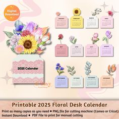 a desk calendar with flowers on it and the date for each month in pink, blue,