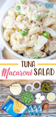 tuna macaroni salad with peas in a white bowl and on a wooden table