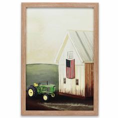 a painting of a tractor next to a barn with an american flag hanging on it