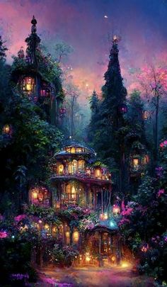 a painting of a house in the woods with flowers and lights on it's roof