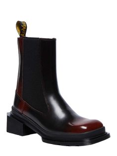 Find DR. MARTENS Maybole Square Toe Chelsea Boots on Editorialist. Be square. The new slip-on Maybole Chelsea boot has a square toe upper, emphasised and exaggerated by an extended, angular new sole. The low-profile sole is marked with our signature grooving pattern, with distinctive corners around the outside of the heel. The boot is fitted with extra-long elastic panels for easy on-off wear and is tagged with our classic black and yellow heel loop. Arcadia is a high-shine leather with a base dye and contrasting topcoat, which rubs off over time to reveal the underlying colour. Care with Dr. Martens Shoe Polish in neutral or colour as appropriate. Yellow Heels, Shoe Polish, Top Coat, Boot Shoes Women, Black N Yellow, Classic Black, Chelsea Boots, Shoe Boots, Slip On