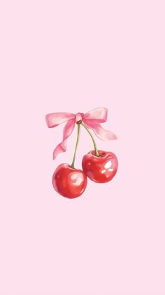 two cherries tied with pink ribbon against a light pink background, one cherry has just been picked from the tree