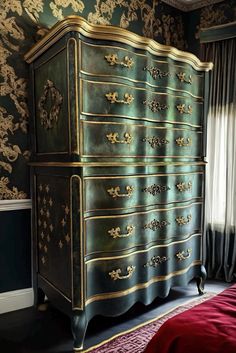 an ornate dresser in a bedroom next to a window