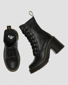 Chesney Leather Flared Heel Lace Up Boots in Black | Dr. Martens Dr Martens Chesney, Doc Martens Heels, Heeled Lace Up Boots, Punk Style Outfits, Trendy Womens Shoes, Eye Silhouette, Trending Womens Shoes, Work Fits, Cute Shoes Heels