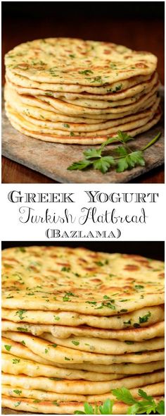 greek yogurt flatbreads with parsley on top and another image above