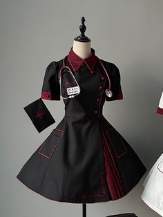 Full set includes a dress, a nurse hat, a stethoscope, a pair of gloves and a blank name tag.  This enchanting ensemble features a striking cross embroidery on the collar, complemented by heart beat embroidery on the bodice and skirt hem, adding a pulse of life to its gothic allure. The pleated hem design enhances the dress's playful silhouette, while functional pockets on both sides provide convenience without sacrificing style. The back is equipped with an adjustable lace-up, allowing you to t Nurse Outfit Ideas, Vet Uniform, Red Halloween Costume, Costume Nurse, Nurse Halloween Costume, Nurse Outfit, Punk Tops, Red Halloween, Kawaii Outfits