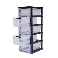 a black shelf with plastic storage containers on it