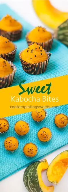 the cover of sweet kabocha bites cookbook is displayed on a blue towel