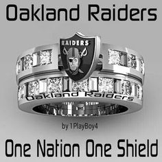 a ring with the oakland football team on it and text oakland raiders, one nation one shield