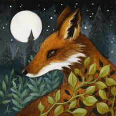 a painting of a fox in the woods