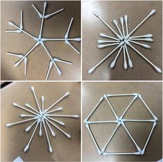 four pictures showing the steps to make a snowflake out of popsicle sticks